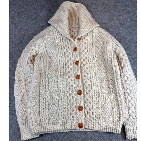 Vintage Sweaters - Vintage Sweater Womens Small Beige Cardigan Fisherman Chunky Knit Winter Cozy